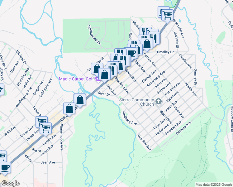 map of restaurants, bars, coffee shops, grocery stores, and more near 1075 Lodi Avenue in South Lake Tahoe