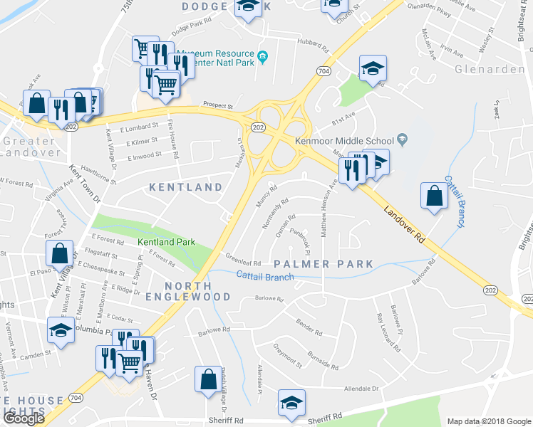 map of restaurants, bars, coffee shops, grocery stores, and more near 7704 Normandy Road in Hyattsville