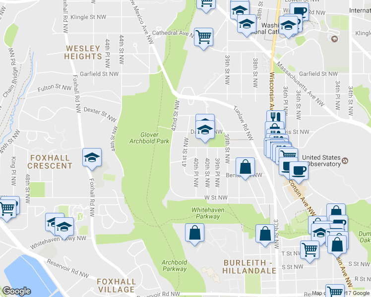 map of restaurants, bars, coffee shops, grocery stores, and more near 2400 41st Street Northwest in Washington