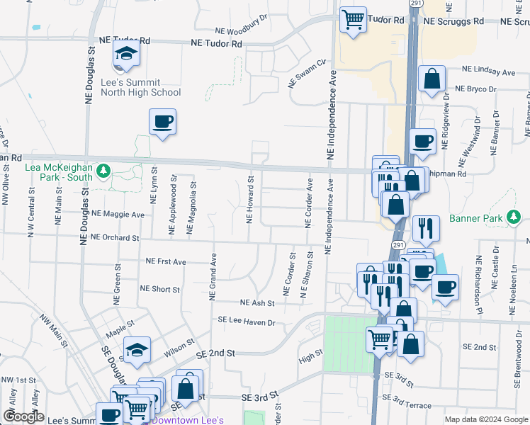 map of restaurants, bars, coffee shops, grocery stores, and more near 516 Northeast Florence Avenue in Lee's Summit