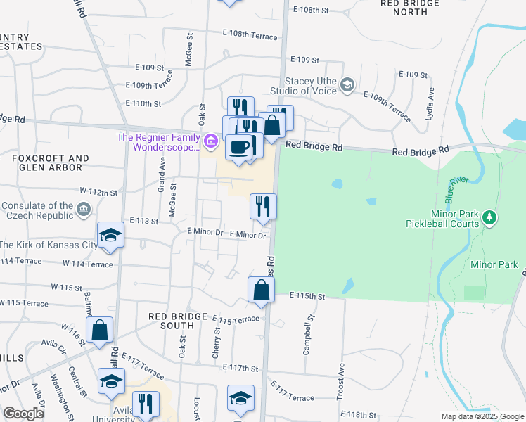map of restaurants, bars, coffee shops, grocery stores, and more near 11224 Holmes Road in Kansas City