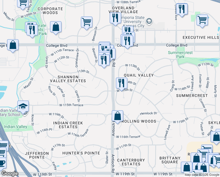 map of restaurants, bars, coffee shops, grocery stores, and more near 8507 West 115th Street in Overland Park
