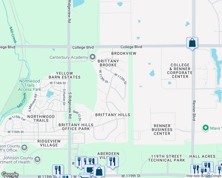 map of restaurants, bars, coffee shops, grocery stores, and more near 17521 West 113th Street in Olathe