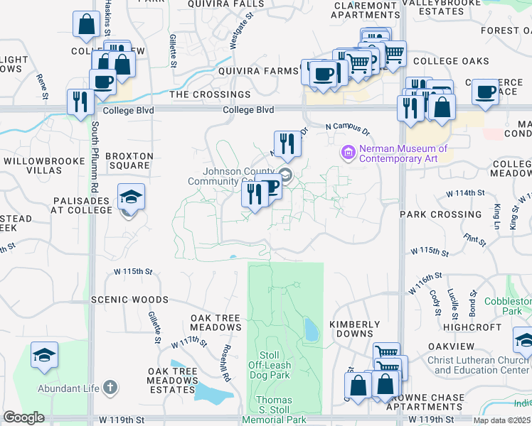 map of restaurants, bars, coffee shops, grocery stores, and more near 12345 College Boulevard in Overland Park