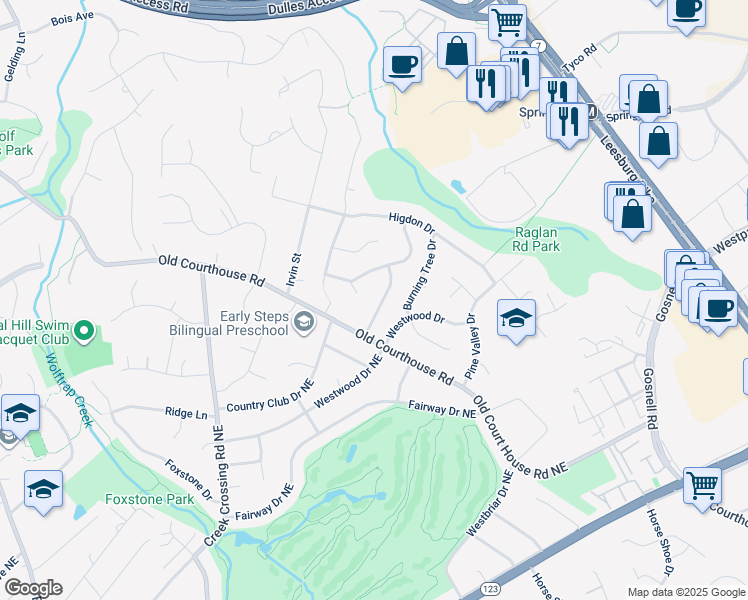 map of restaurants, bars, coffee shops, grocery stores, and more near 1722 Larkmeade Drive in Vienna