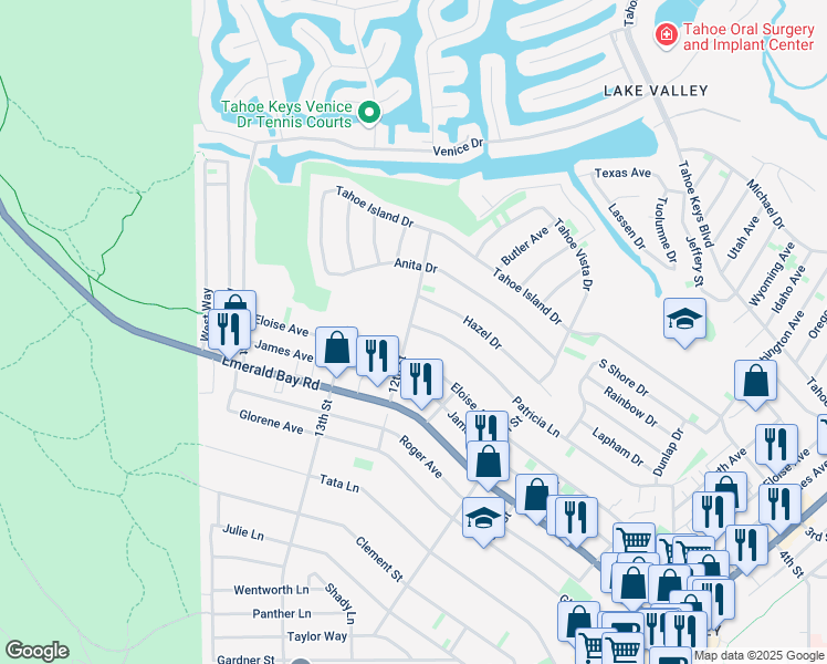 map of restaurants, bars, coffee shops, grocery stores, and more near 2066 12th Street in South Lake Tahoe