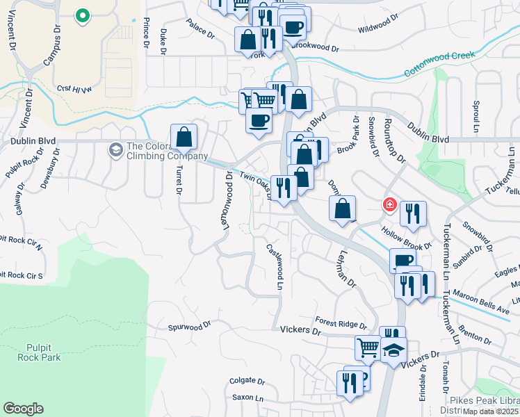 map of restaurants, bars, coffee shops, grocery stores, and more near 6252 Twin Oaks Drive in Colorado Springs