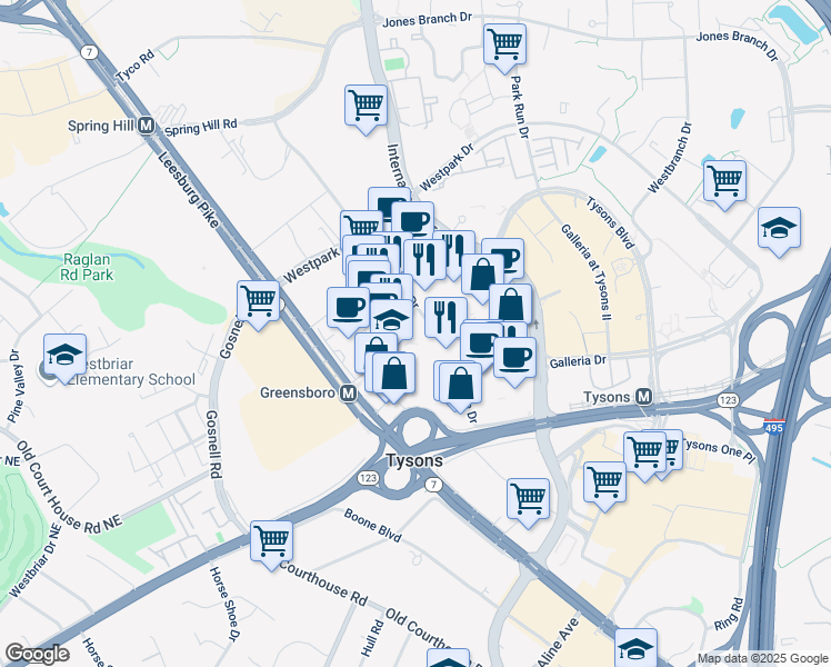 map of restaurants, bars, coffee shops, grocery stores, and more near 8281 Greensboro Drive in McLean