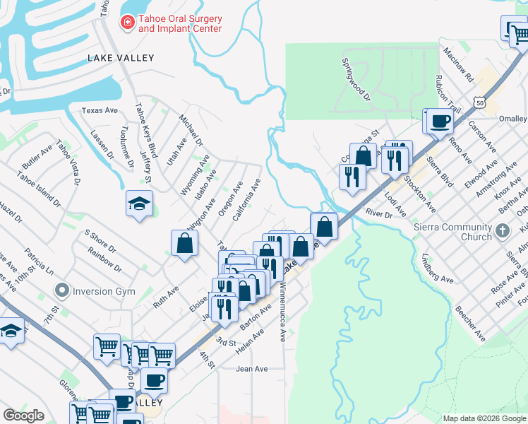 map of restaurants, bars, coffee shops, grocery stores, and more near 2332 Sky Meadows Court in South Lake Tahoe
