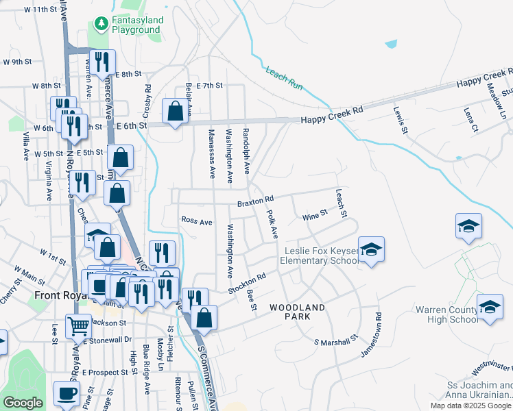 map of restaurants, bars, coffee shops, grocery stores, and more near 235 Randolph Avenue in Front Royal