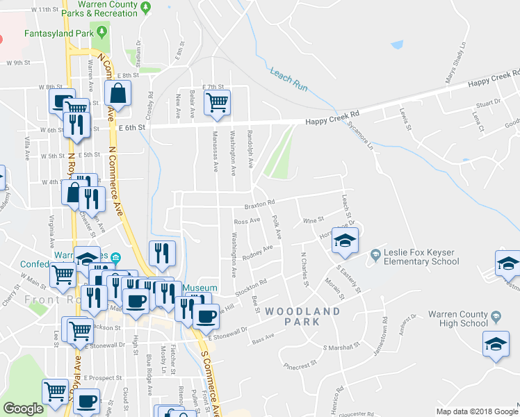 map of restaurants, bars, coffee shops, grocery stores, and more near 235 Randolph Avenue in Front Royal