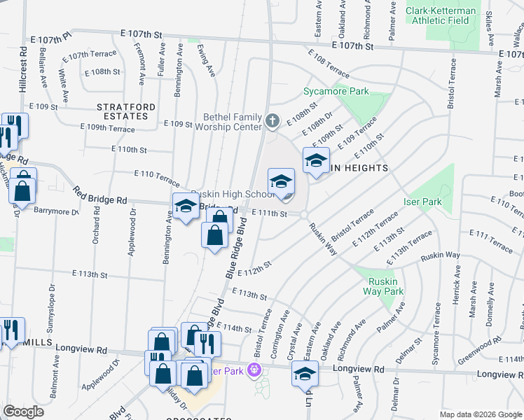 map of restaurants, bars, coffee shops, grocery stores, and more near 11103 Blue Ridge Boulevard in Kansas City