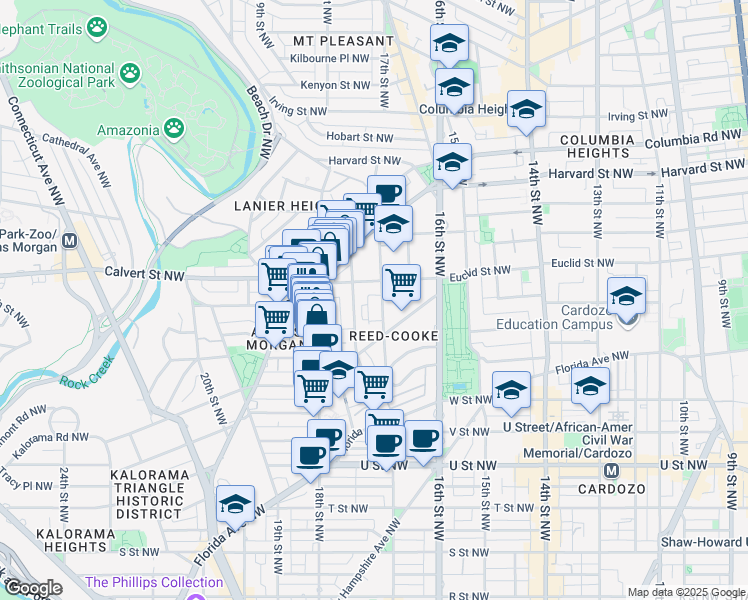 map of restaurants, bars, coffee shops, grocery stores, and more near 2428 17th Street Northwest in Washington