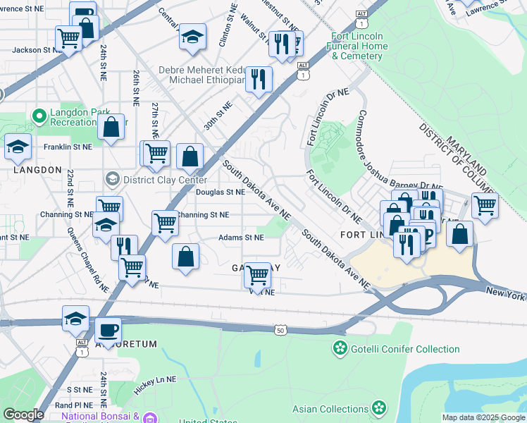 map of restaurants, bars, coffee shops, grocery stores, and more near 3118 Channing Street Northeast in Washington