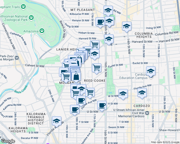 map of restaurants, bars, coffee shops, grocery stores, and more near 2428 17th Street Northwest in Washington
