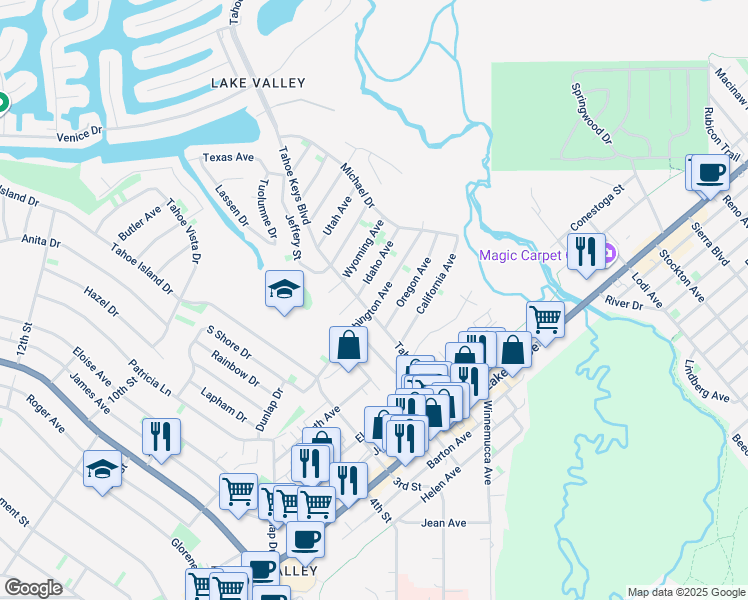 map of restaurants, bars, coffee shops, grocery stores, and more near 2265 Washington Avenue in South Lake Tahoe