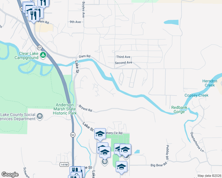 map of restaurants, bars, coffee shops, grocery stores, and more near 16410 Tish-A-Tang Road in Lower Lake