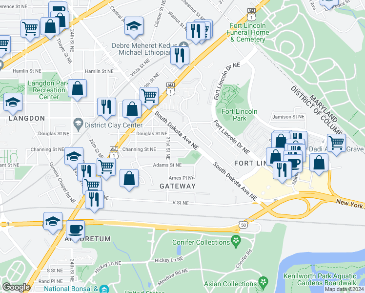 map of restaurants, bars, coffee shops, grocery stores, and more near 3118 Channing Street Northeast in Washington