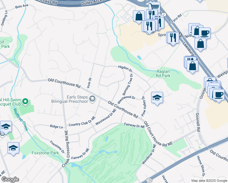 map of restaurants, bars, coffee shops, grocery stores, and more near 1722 Larkmeade Drive in Vienna