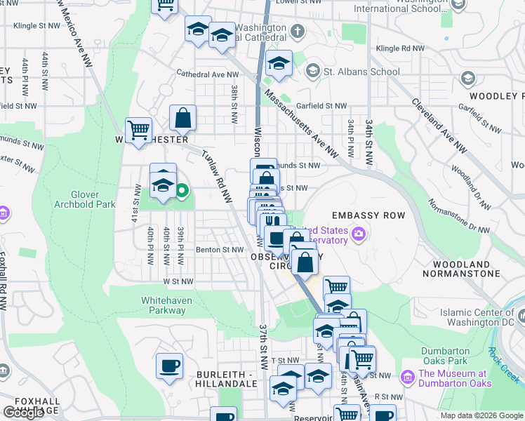 map of restaurants, bars, coffee shops, grocery stores, and more near Wisconsin Avenue Northwest & Calvert Street Northwest in Washington