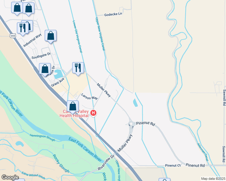 map of restaurants, bars, coffee shops, grocery stores, and more near 1579 Virginia Ranch Road in Gardnerville