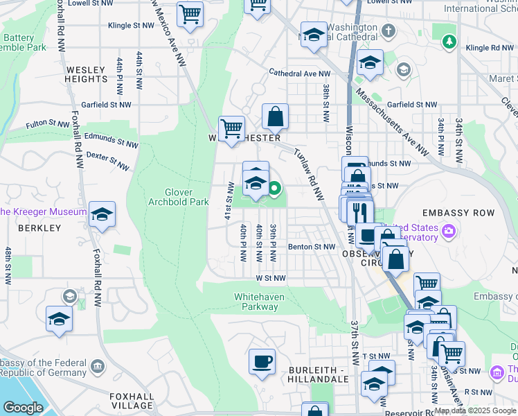 map of restaurants, bars, coffee shops, grocery stores, and more near Calvert Street Northwest & 40th Street Northwest in Washington