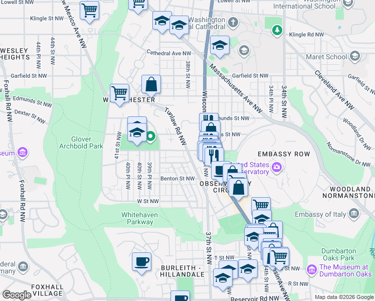 map of restaurants, bars, coffee shops, grocery stores, and more near Tunlaw Road Northwest in Washington