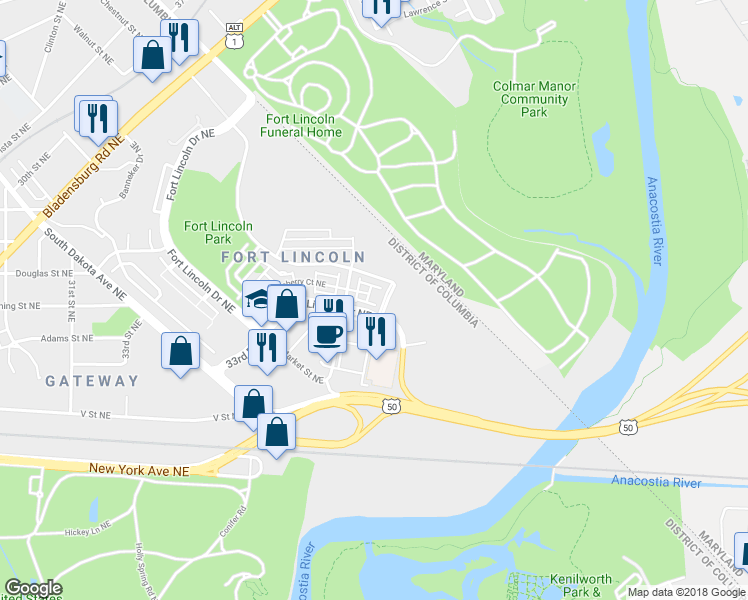 map of restaurants, bars, coffee shops, grocery stores, and more near 3817 Hansberry Court Northeast in Washington