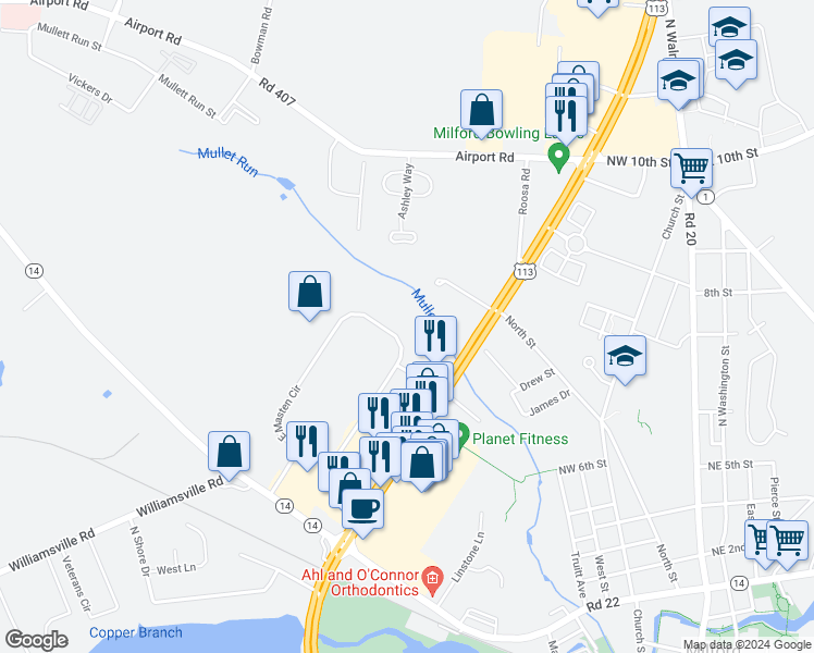 map of restaurants, bars, coffee shops, grocery stores, and more near 1001 East Masten Circle in Milford