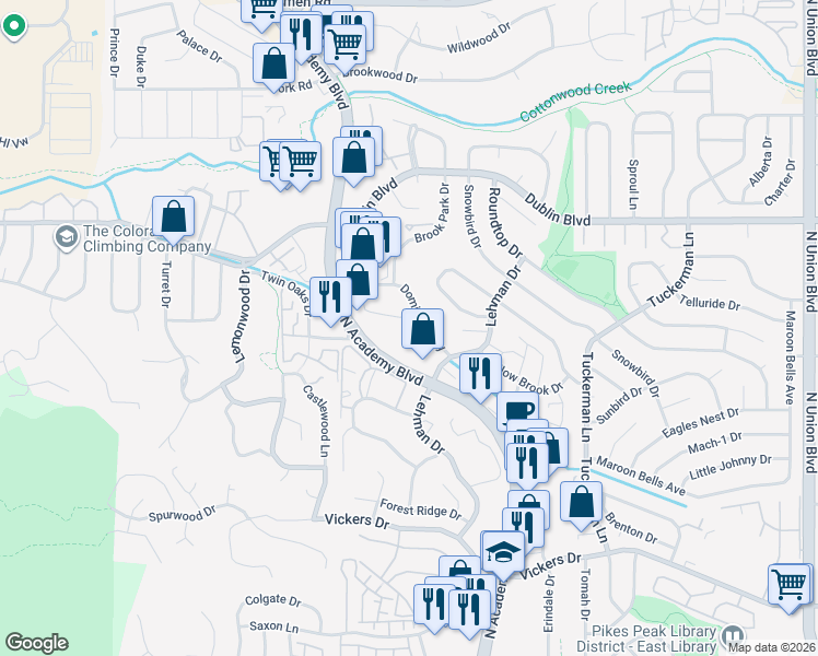 map of restaurants, bars, coffee shops, grocery stores, and more near 6243 Academy Boulevard North in Colorado Springs