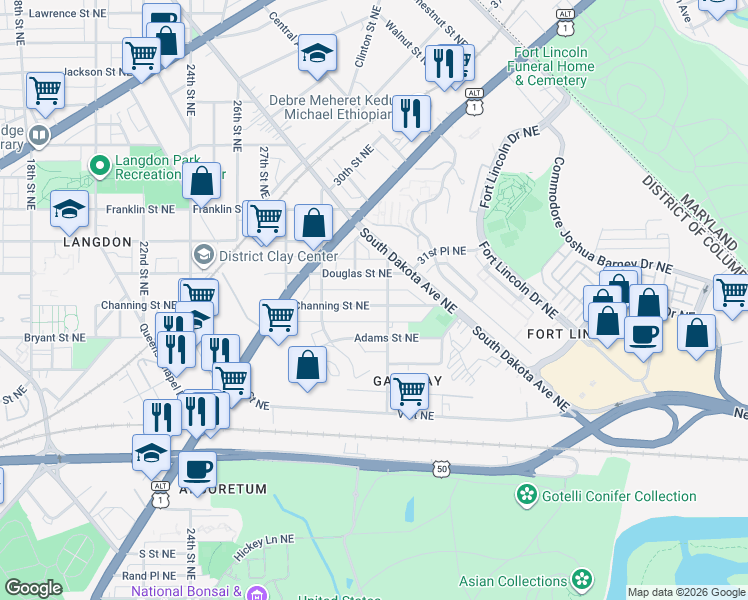 map of restaurants, bars, coffee shops, grocery stores, and more near 101 Independence Avenue Southeast in Washington