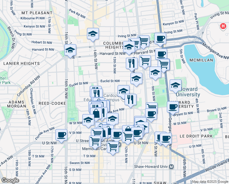 map of restaurants, bars, coffee shops, grocery stores, and more near 1303 Clifton Street Northwest in Washington