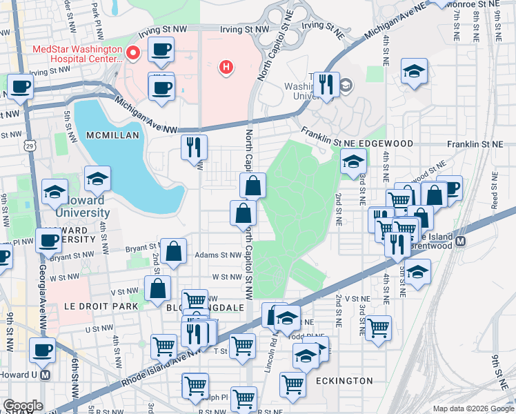 map of restaurants, bars, coffee shops, grocery stores, and more near 101 Independence Avenue Southeast in Washington