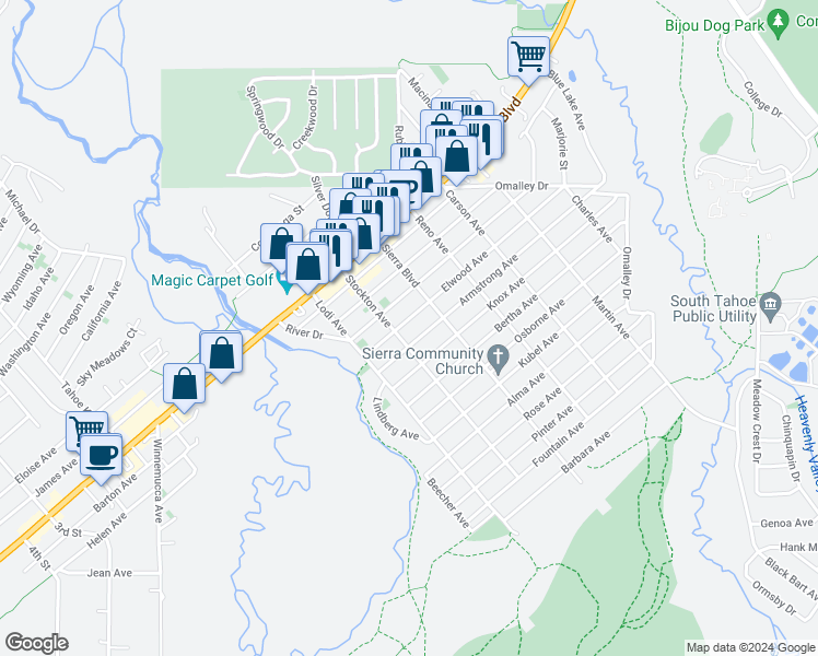 map of restaurants, bars, coffee shops, grocery stores, and more near 2522 Elwood Avenue in South Lake Tahoe