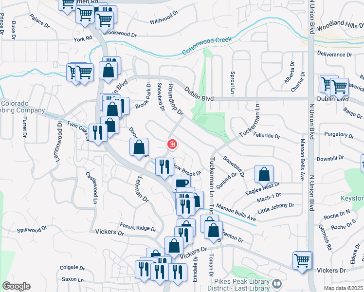 map of restaurants, bars, coffee shops, grocery stores, and more near 2118 Hollow Brook Drive in Colorado Springs