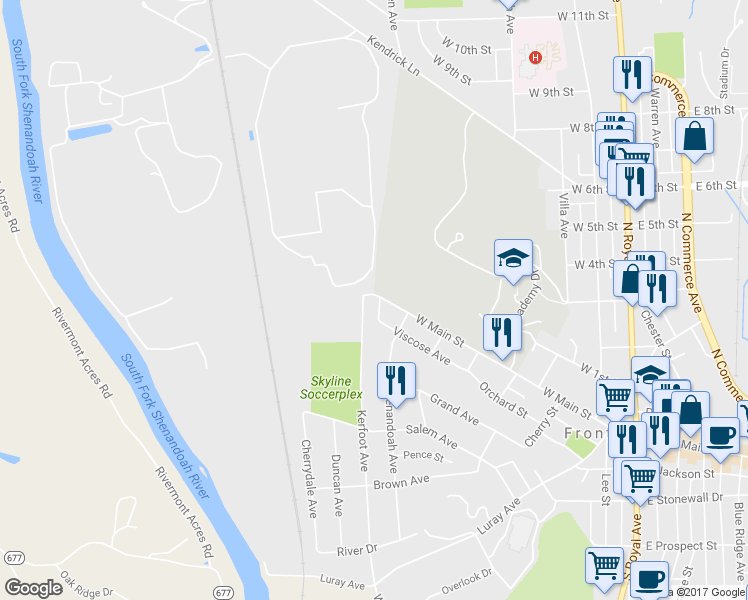 map of restaurants, bars, coffee shops, grocery stores, and more near 720 Viscose Avenue in Front Royal