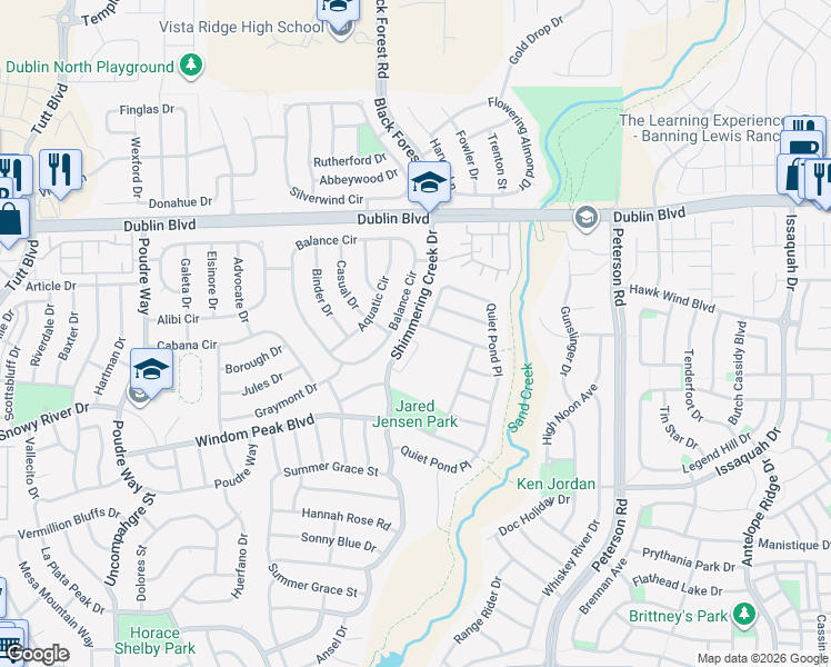 map of restaurants, bars, coffee shops, grocery stores, and more near 6573 Shimmering Creek Drive in Colorado Springs