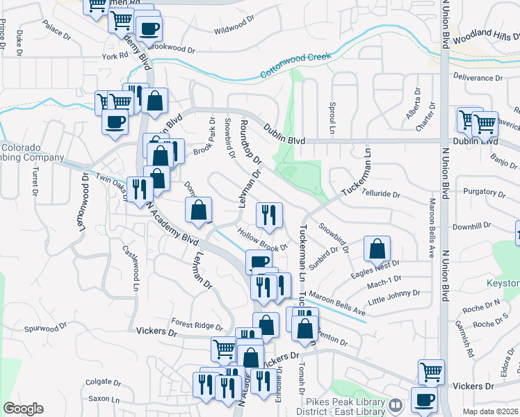 map of restaurants, bars, coffee shops, grocery stores, and more near 2118 Hollow Brook Drive in Colorado Springs