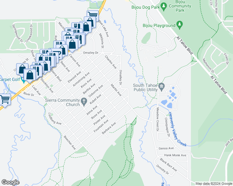 map of restaurants, bars, coffee shops, grocery stores, and more near 2641 Rose Avenue in South Lake Tahoe