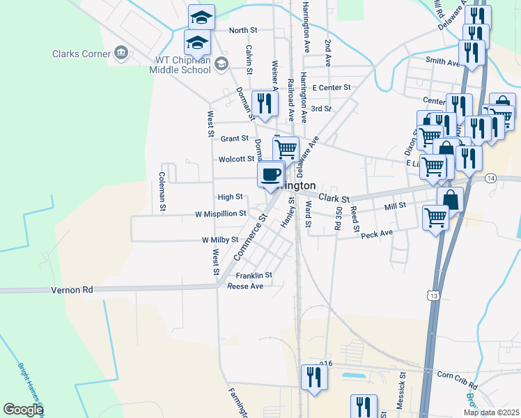 map of restaurants, bars, coffee shops, grocery stores, and more near 1 Mispillion Street in Harrington