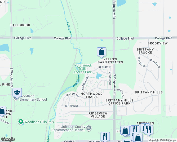 map of restaurants, bars, coffee shops, grocery stores, and more near 11407 South Millview Road in Olathe