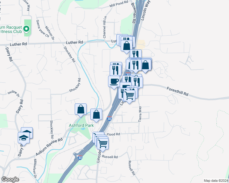map of restaurants, bars, coffee shops, grocery stores, and more near 1790 Auburn Ravine Road in Auburn