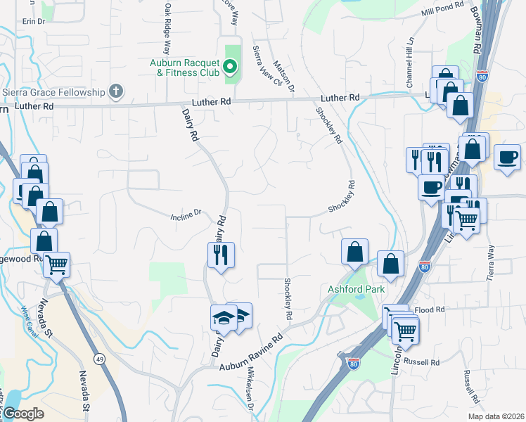 map of restaurants, bars, coffee shops, grocery stores, and more near 333 Shockley Road in Auburn