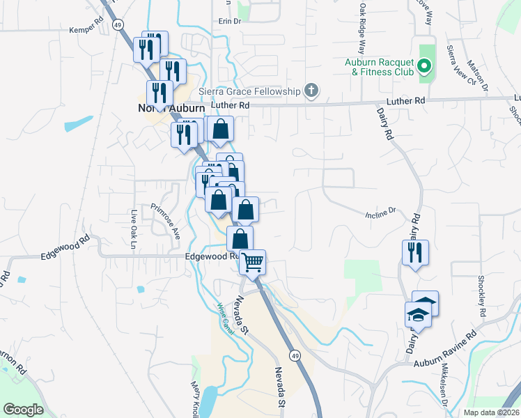 map of restaurants, bars, coffee shops, grocery stores, and more near 12070 Ivy Lane in Auburn