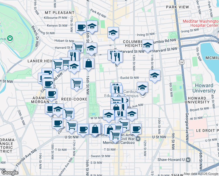 map of restaurants, bars, coffee shops, grocery stores, and more near 101 Independence Avenue Southeast in Washington