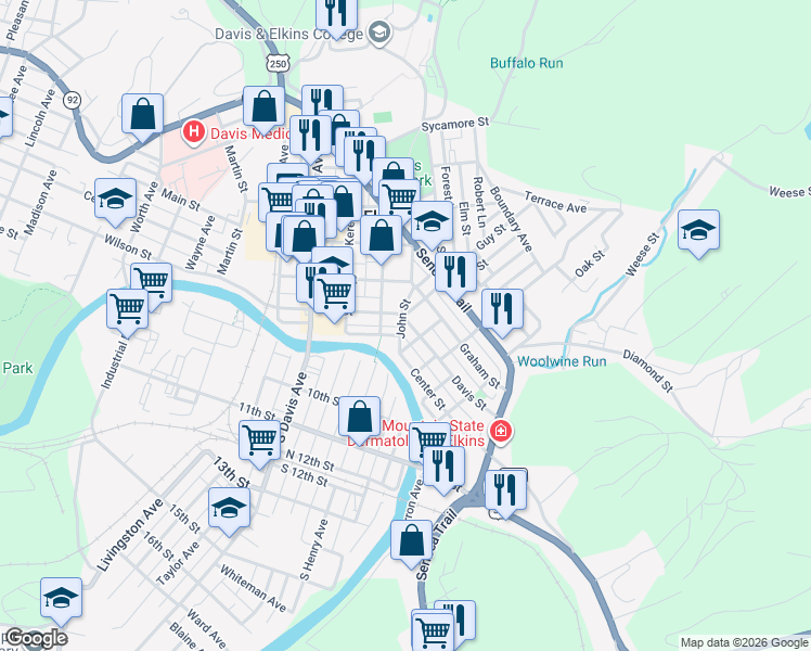 map of restaurants, bars, coffee shops, grocery stores, and more near John Street in Elkins