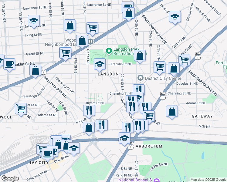 map of restaurants, bars, coffee shops, grocery stores, and more near 2504 Lafayette Avenue Northeast in Washington