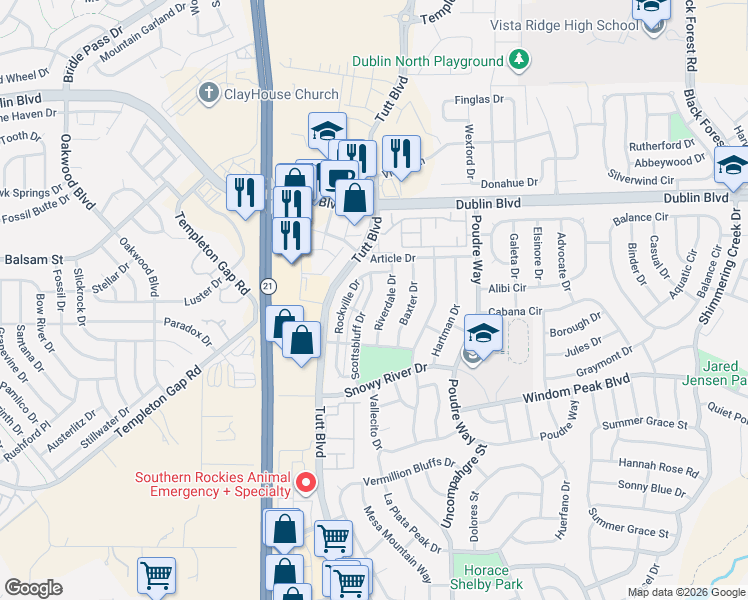 map of restaurants, bars, coffee shops, grocery stores, and more near 6236 Riverdale Drive in Colorado Springs