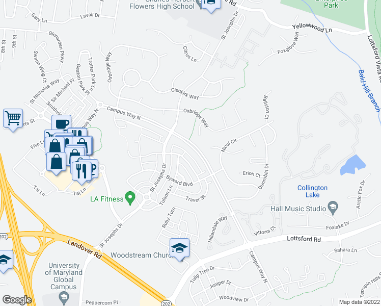 map of restaurants, bars, coffee shops, grocery stores, and more near 2326 Campus Way North in Bowie