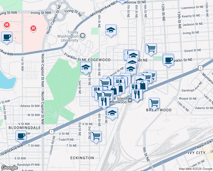 map of restaurants, bars, coffee shops, grocery stores, and more near 435 Edgewood Street Northeast in Washington